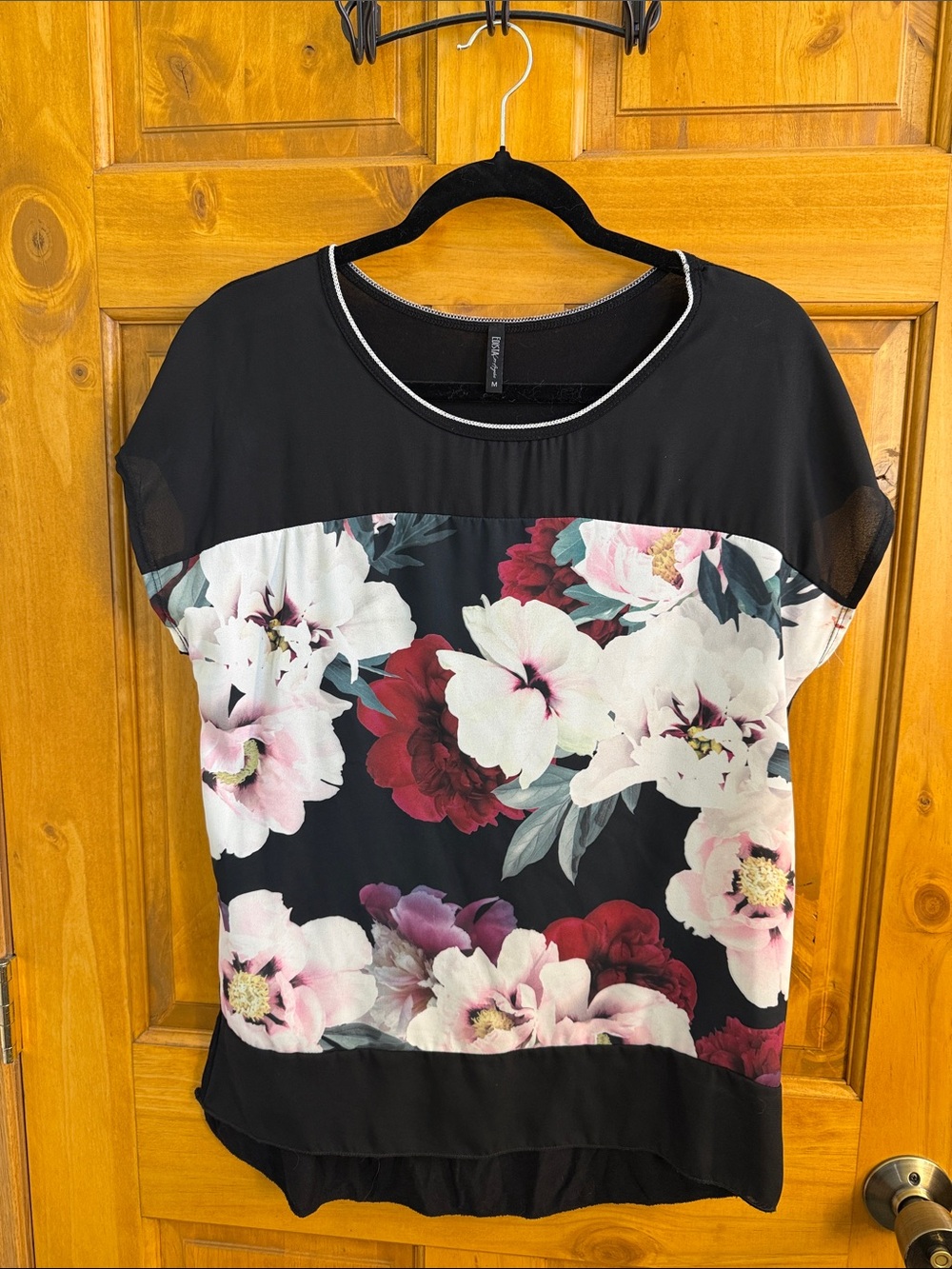 Black Floral Short Sleeve Blouse with Pink & Red Blooms